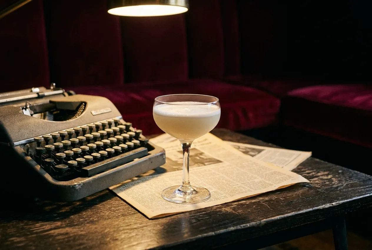 Cocktail with foam cap on dark table beside vintage typewriter and newspaper clippings in dimly lit bar with red velvet seating behind