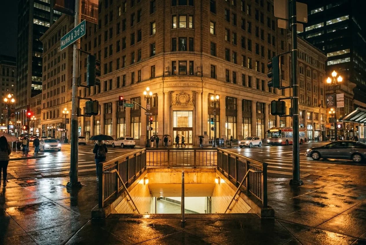 Staircase descending below Market Street at night with warm light spilling upward, pedestrians passing, downtown San Francisco buildings in background