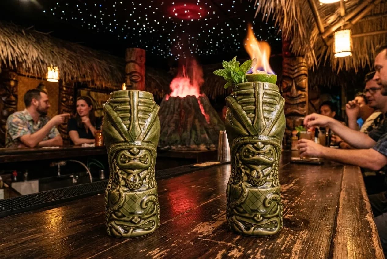 Carved tiki mug with rum cocktail and flaming garnish on bar top with glowing volcano and thatched roof in background at Pagan Idol