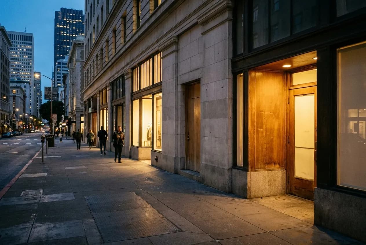Bush Street in San Francisco Financial District at dusk with office towers, empty sidewalk, and unmarked door at 375 Bush Street