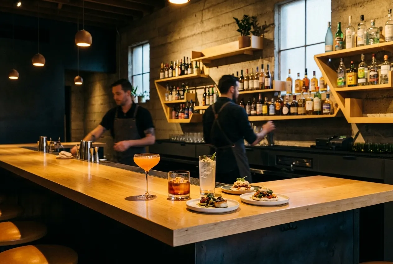 Tasting Bar at True Laurel with cocktails and small plates under warm lighting, bartenders working in background, intimate modern interior