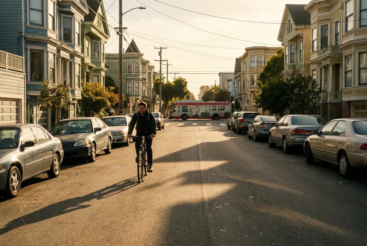 Alabama Street in Mission District late afternoon, cyclist approaching, parked cars and Victorian houses, residential San Francisco neighbourhood