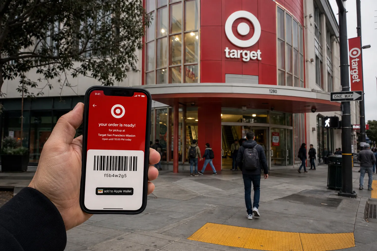 A smartphone displaying the Target app's order pickup barcode outside the Mission Street storefront in SF.