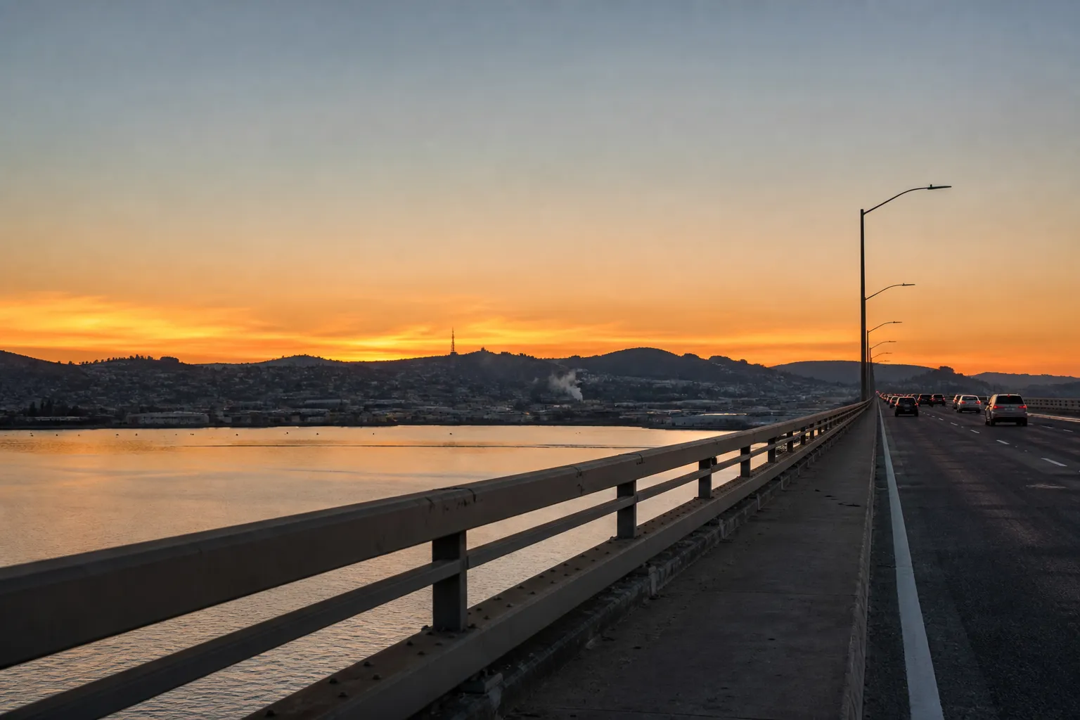 The San Mateo-Hayward Bridge at sunset leading toward the East Bay.