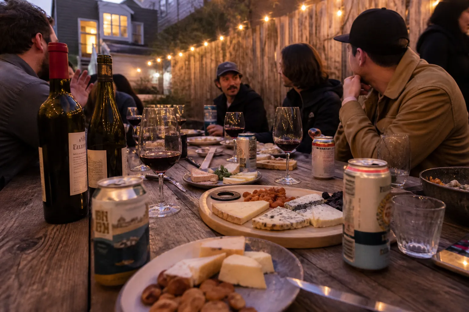 An intimate backyard party setting in San Francisco with local wines and craft beers on a wooden table.
