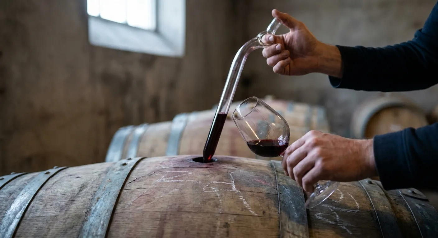 A wine thief drawing wine from a barrel into a glass with a hand steadying the barrel head