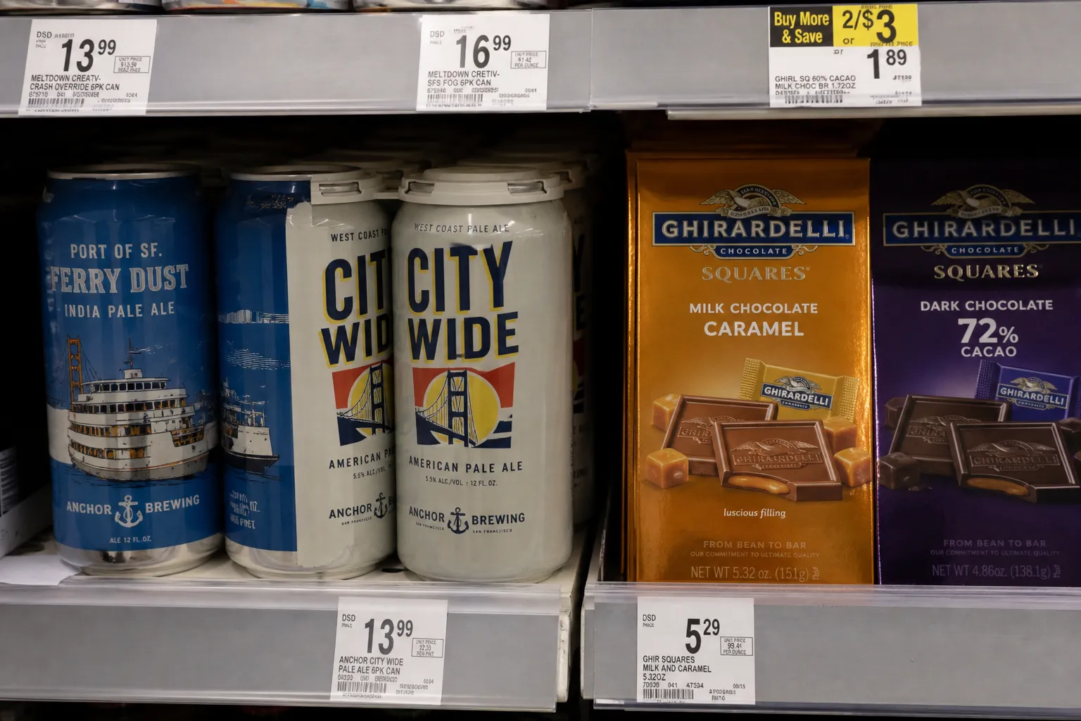 Close-up of local SF craft beers and Ghirardelli chocolate on store shelves