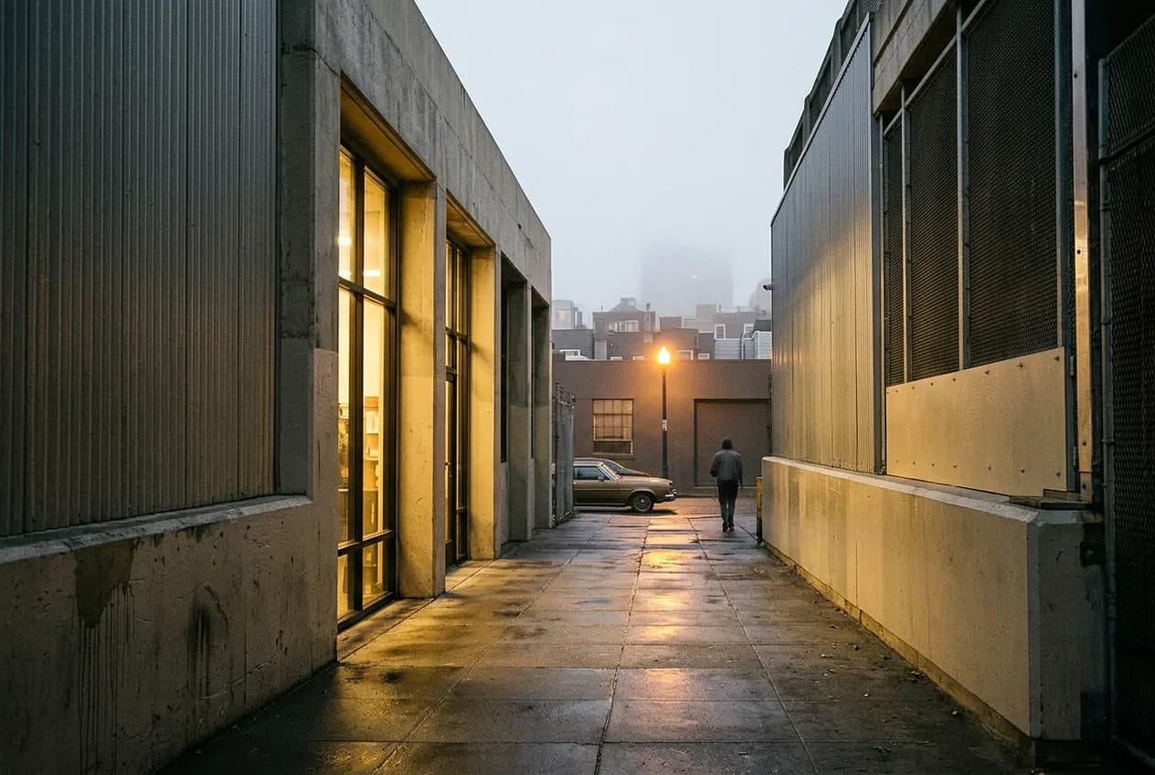 Street-level night view of a Dogpatch wine bar's lit windows and industrial facade in San Francisco.