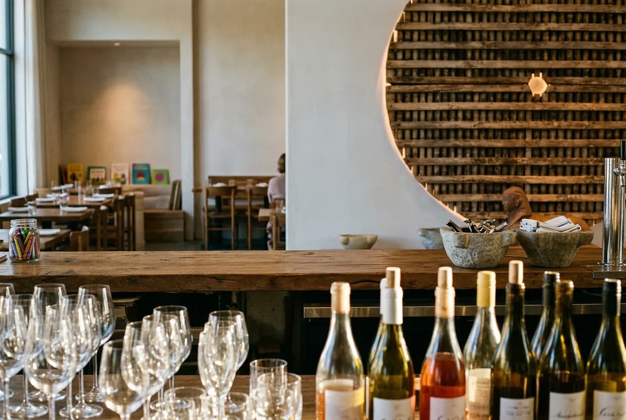 Interior view of a bi-level wine bar with bar seating and a kids' play corner in the background.