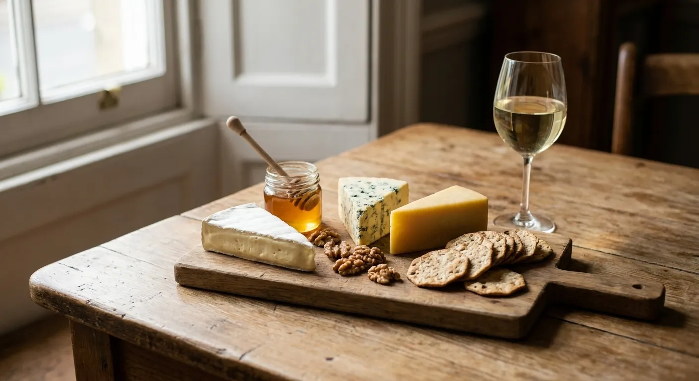 A cheese board on a wooden table with three wedges, honey, walnuts and crackers beside a glass of white wine