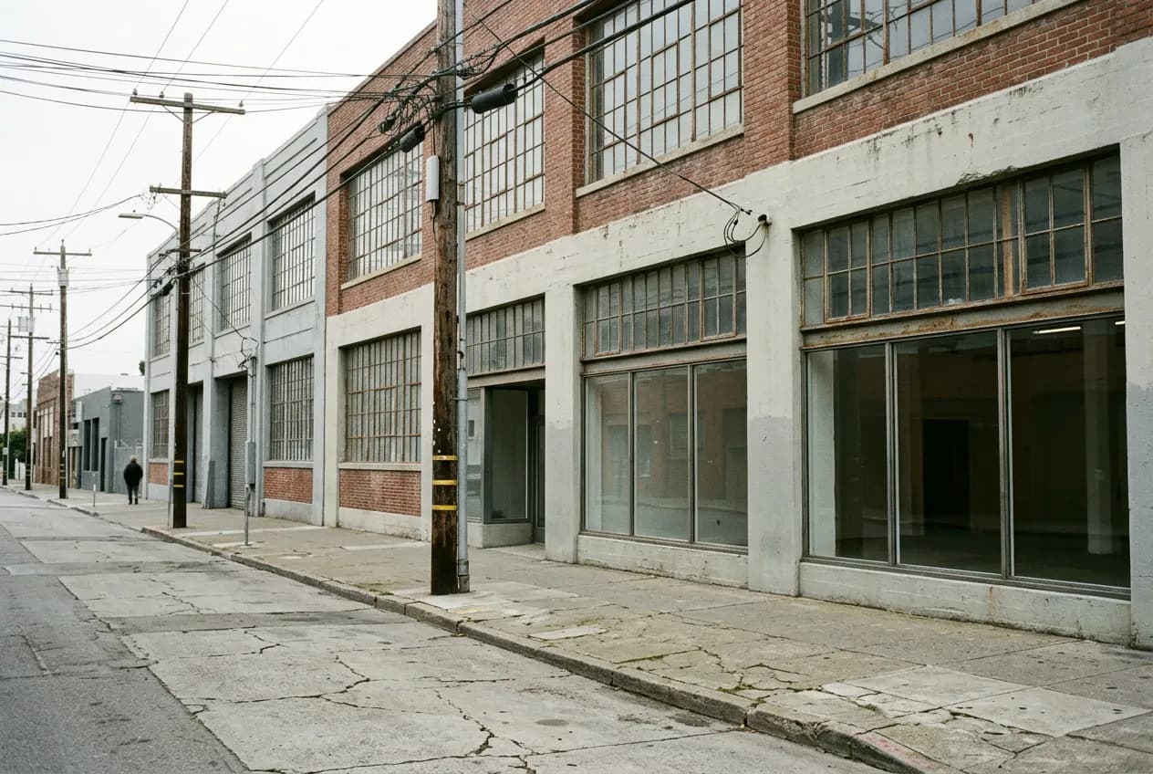 Converted early-1900s warehouse facade on a quiet SoMa street, brick and steel-framed windows in morning light.
