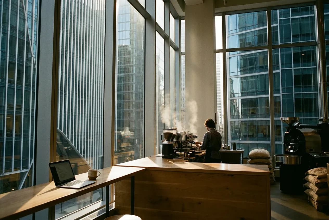 Close-up of a coffee bar counter with roasting equipment visible in an open-plan room, someone working at a laptop nearby.