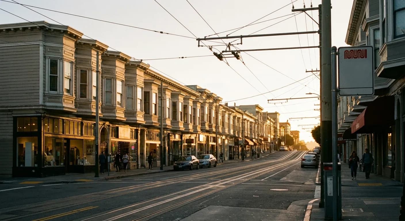 A San Francisco commercial street on a gentle uphill grade at dusk, with lit ground-floor storefronts, trolley wires overhead and a transit stop in front