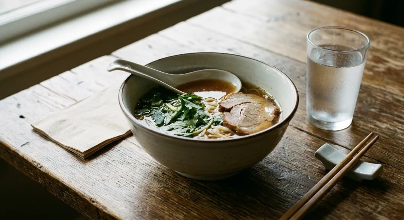 A deep bowl of noodle soup on a small table with a spoon across the rim, a glass of water and chopsticks on a rest, lit from one side