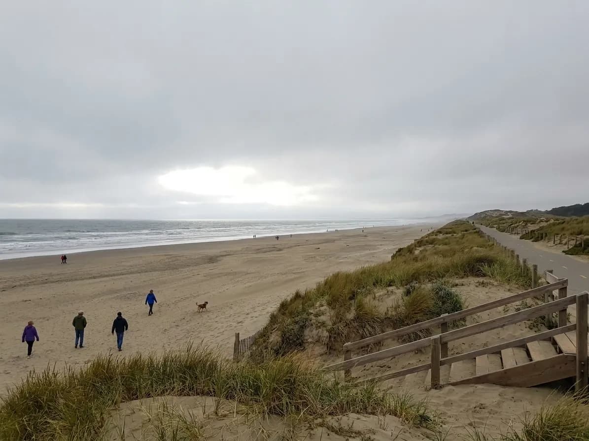 The wide western shoreline of San Francisco on a breezy afternoon, an enormous flat beach running to a vanishing point past dune grass and a coastal path, with a few scattered walkers under high grey overcast