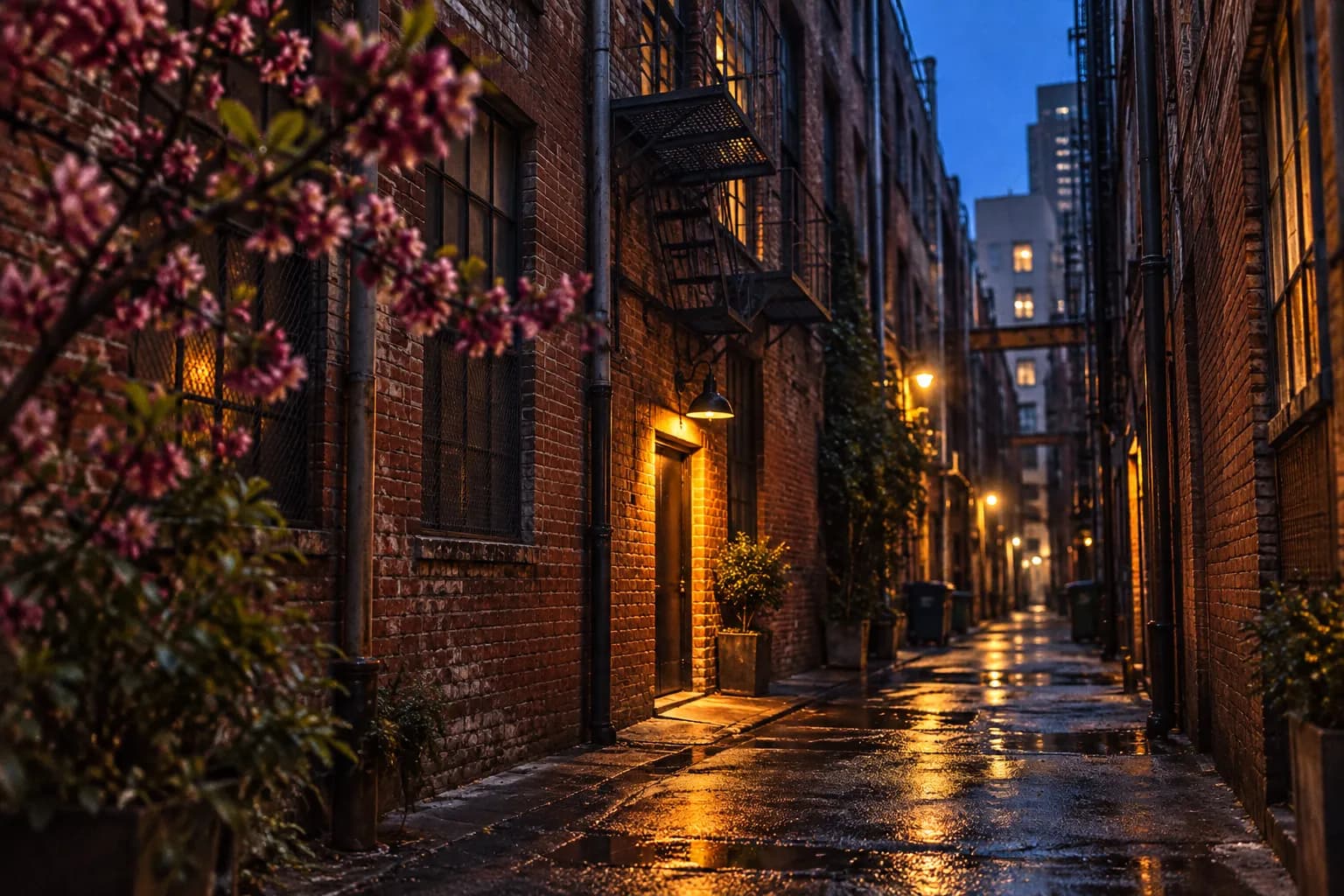 A narrow brick alley in San Francisco's SoMa at dusk with a single lit doorway