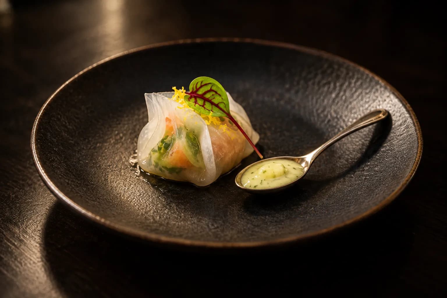 A small precise plated course on dark ceramic under focused light