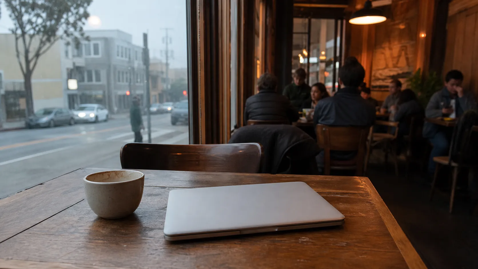 Work-friendly cafe table in San Francisco with coffee and a foggy street outside.