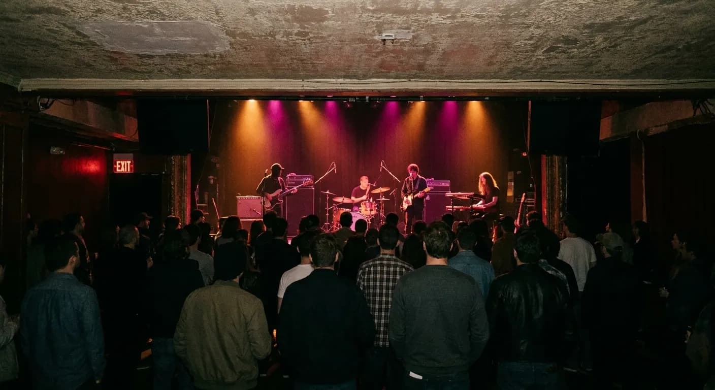 A small San Francisco club mid-set seen from the back, a band silhouetted on a low stage under amber and magenta light above the backs of a modest standing crowd