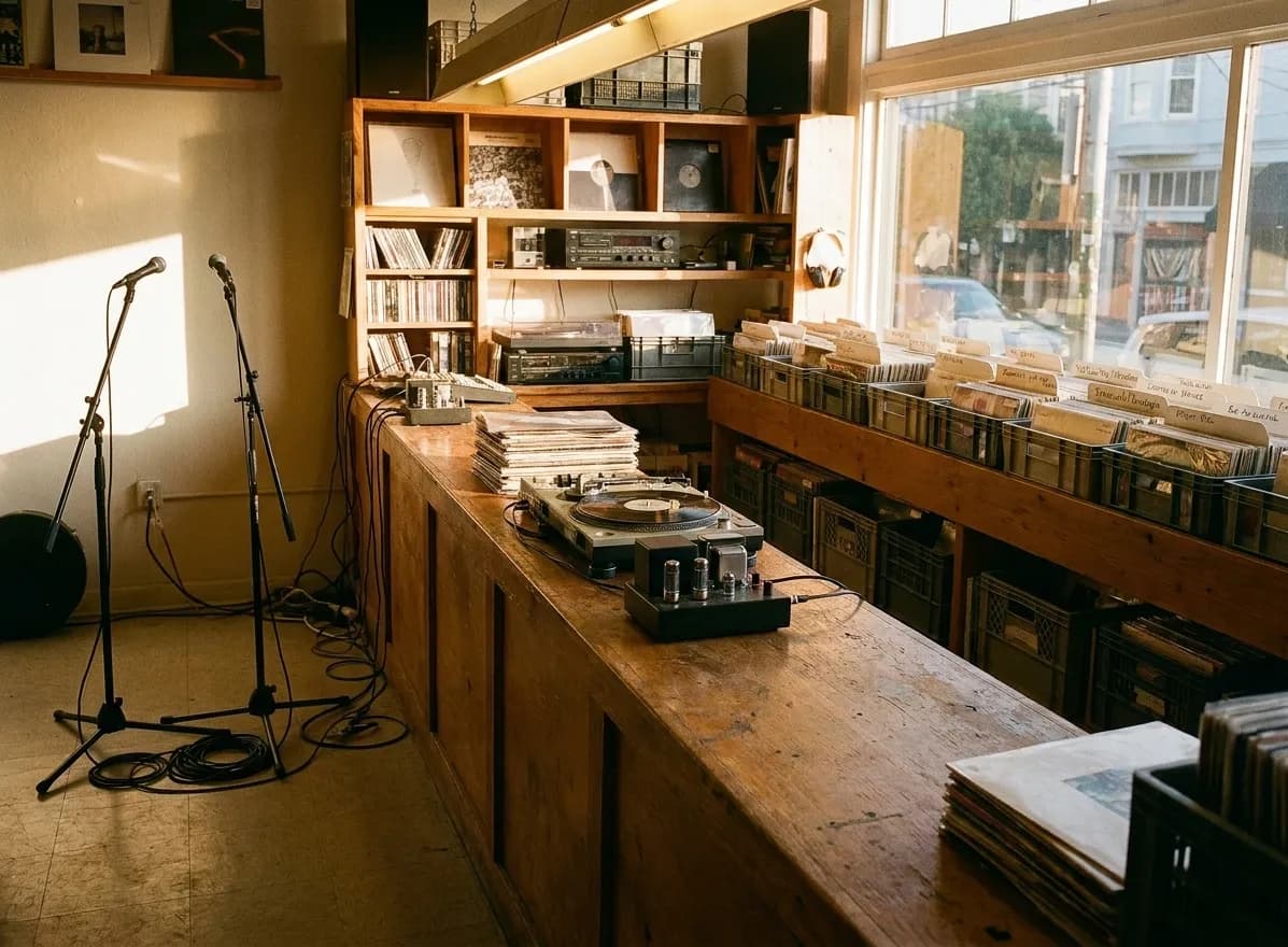 The inside of a San Francisco record shop in late afternoon, wooden crates of sleeves beside a counter with a turntable, and a cleared corner with two mic stands set up for an in-store set