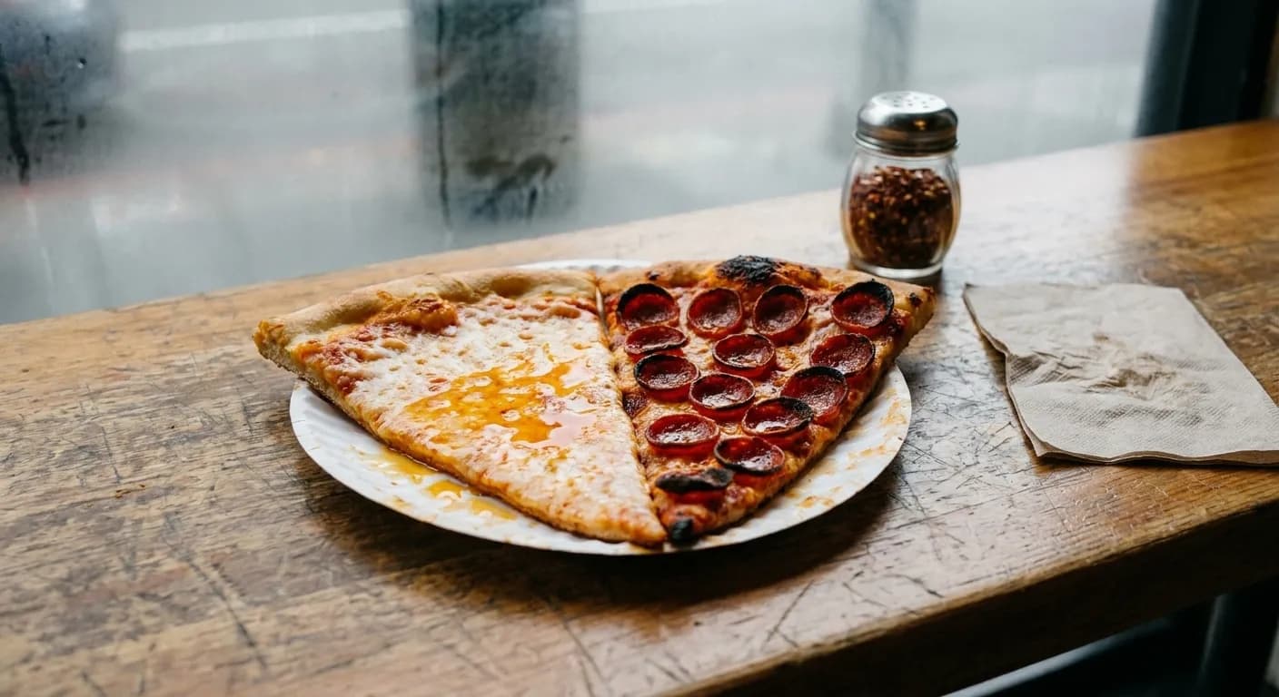 Two slices of pizza on a thin paper plate on a scratched counter, one plain cheese and one with cupped charred pepperoni, beside a shaker of chilli flakes with grey window light behind