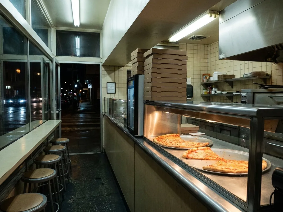 A narrow San Francisco pizza counter late in the evening, with two half-empty trays on a stainless warming shelf, stools along a window ledge and a dark wet street outside