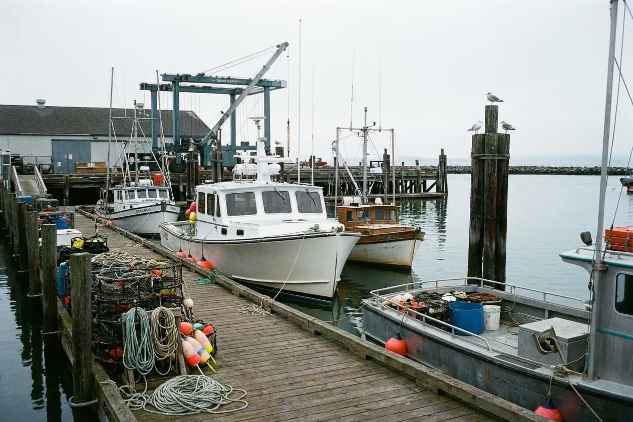 Small fishing boats rafted along a San Francisco dock with coiled line and stacked crab pots on the planks in cold morning light