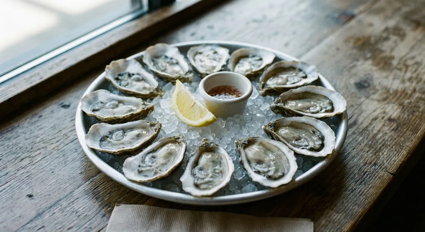 A dozen opened oysters arranged in a ring on crushed ice with lemon and a small cup of mignonette in the centre