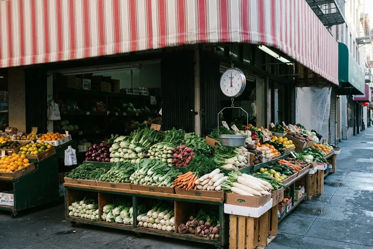 Crates of greens, roots and citrus stacked on tiered stands out to the kerb under a striped awning, with a hanging scale at the corner
