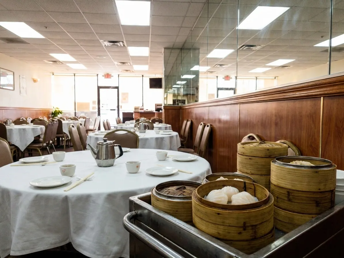A dim sum dining room mid-morning with white-clothed round tables, steel teapots and bamboo steamers stacked on a trolley