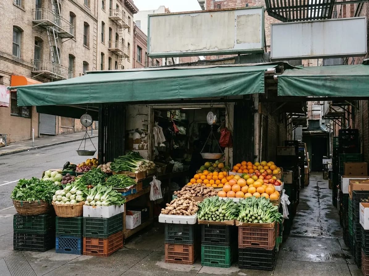 A Chinatown produce frontage in San Francisco at mid-morning, crates of greens and citrus stacked under a green awning with hanging scales, a dim shop doorway behind and a steep street rising past fire escapes