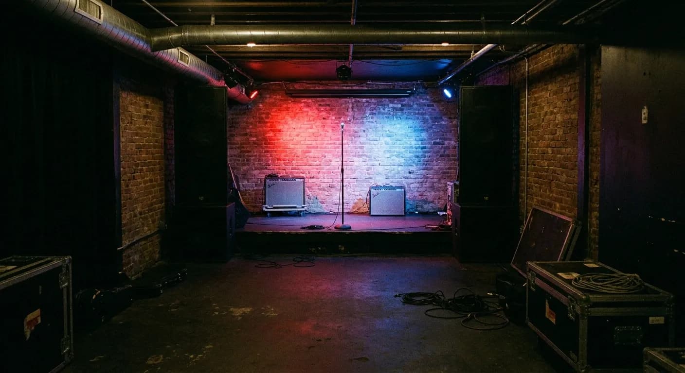 A small basement stage a step above the floor with two amplifiers and a bare mic stand under red and blue wash lighting
