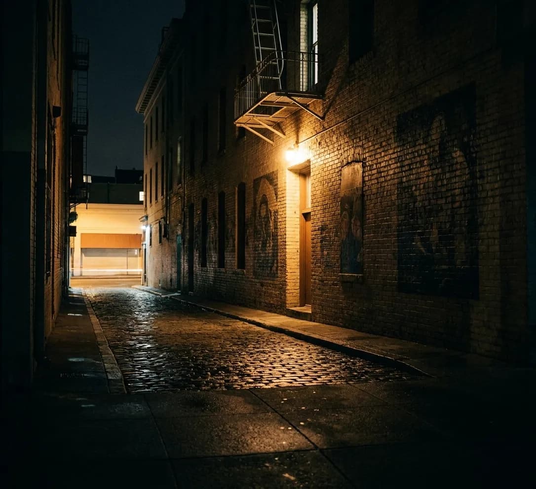 A narrow San Francisco alley at night with a single lit doorway, a fire escape above and one overhead bulb reflecting on the cobbles