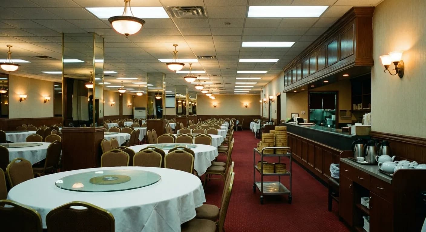 A large Cantonese banquet dining room in the early evening with round white-clothed tables and lazy susans, a trolley of stacked bamboo steamers and mirrored columns under bright ceiling panels