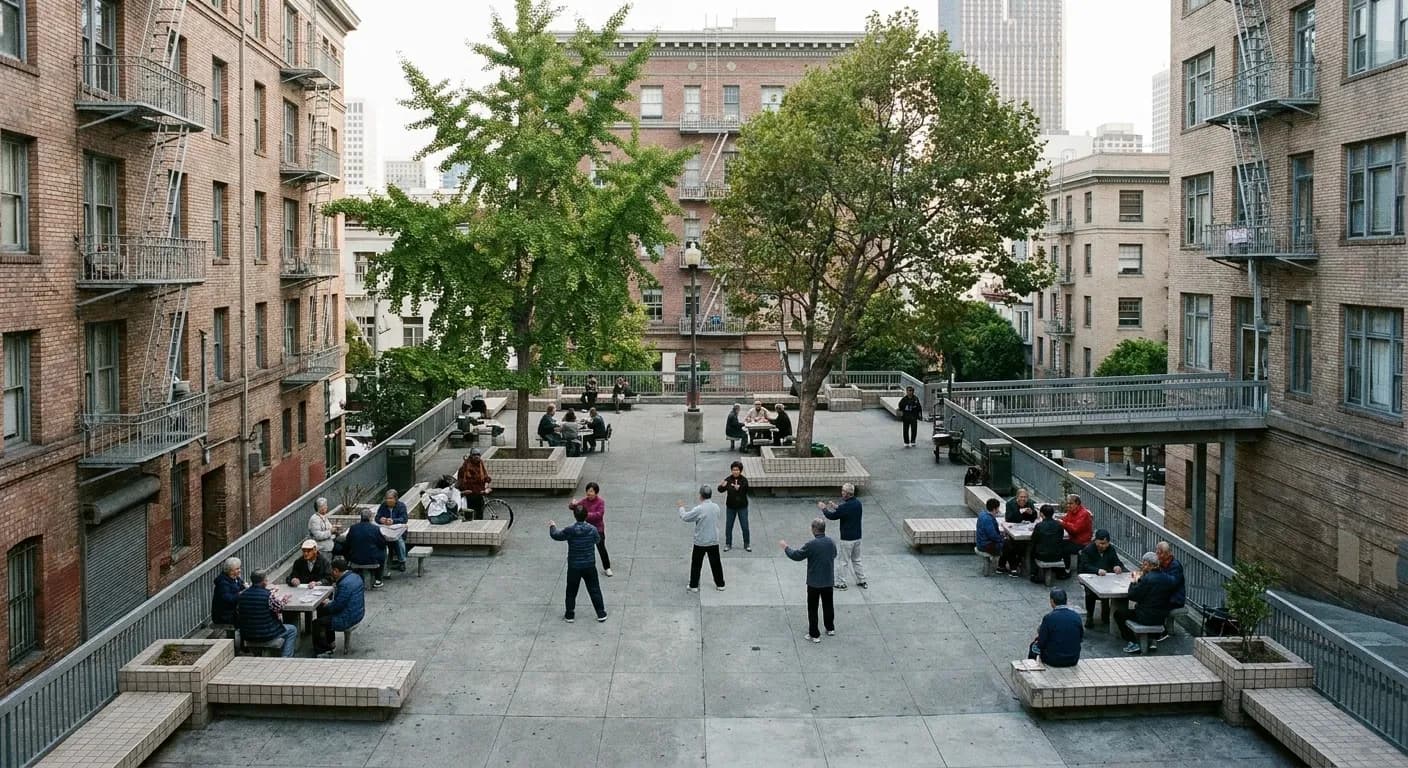 A raised public square in San Francisco's Chinatown in the morning, groups playing cards and exercising under mature trees between tiled benches, ringed by tall buildings with fire escapes