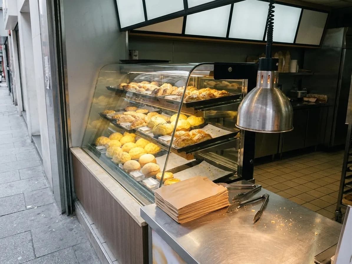 A Chinatown bakery counter with a glass warming case of buns, a steel counter, paper bags and tongs under a heat lamp