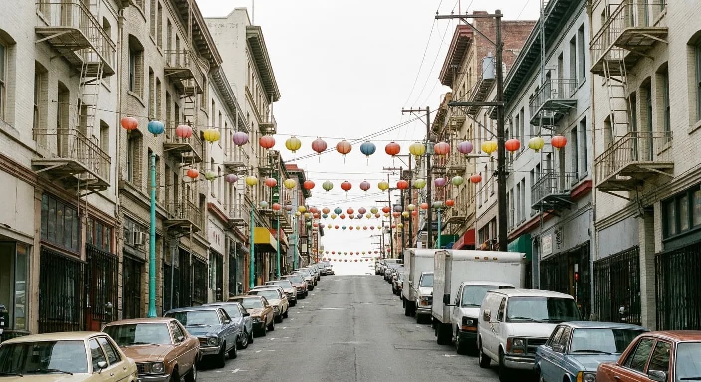 A steep Chinatown street climbing between narrow shopfronts with angle-parked cars, fire escapes and strings of blank lanterns overhead