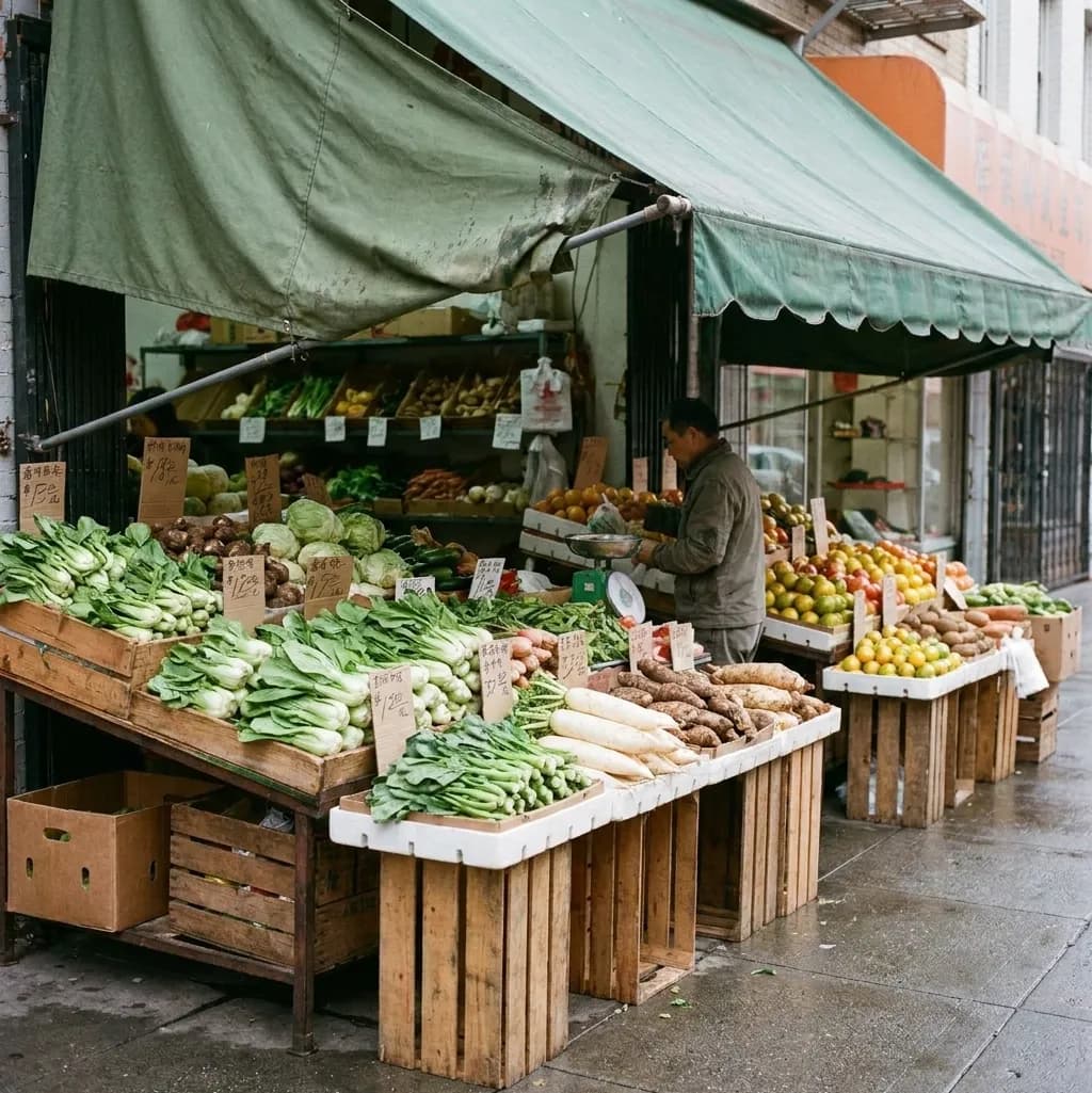 Crates of greens, roots and citrus stacked on angled tables spilling onto a San Francisco Chinatown pavement under a green awning