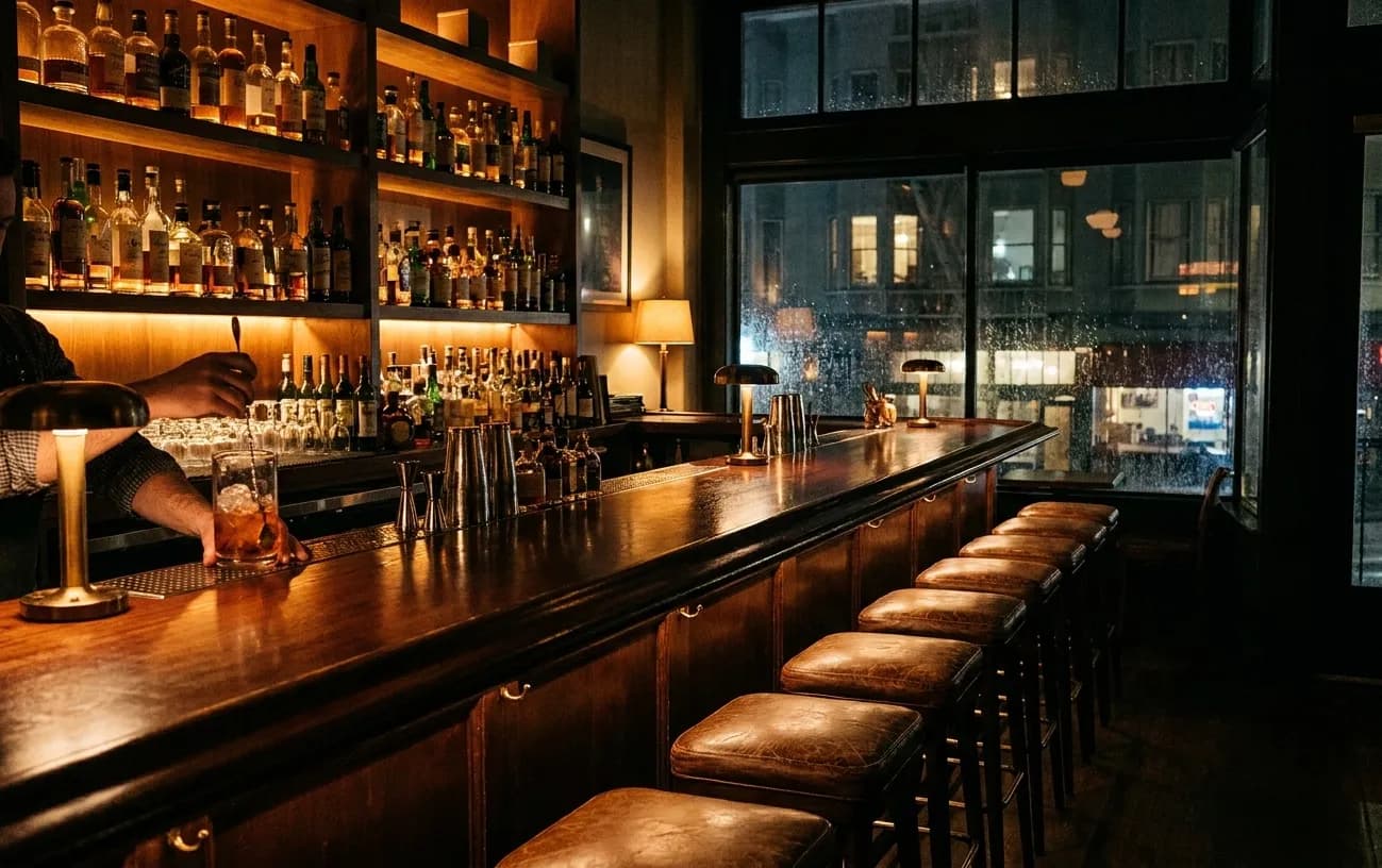 A small dim upstairs bar counter in San Francisco with eight stools and backbar shelves lit from below