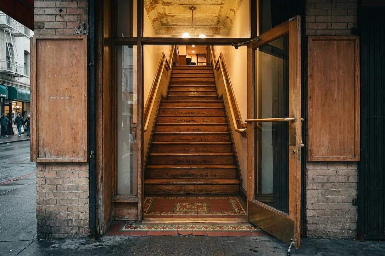 A narrow tiled stairway entrance in San Francisco's Chinatown rising steeply into warm light behind a propped glass door, its brass handrail worn bright against the dark street