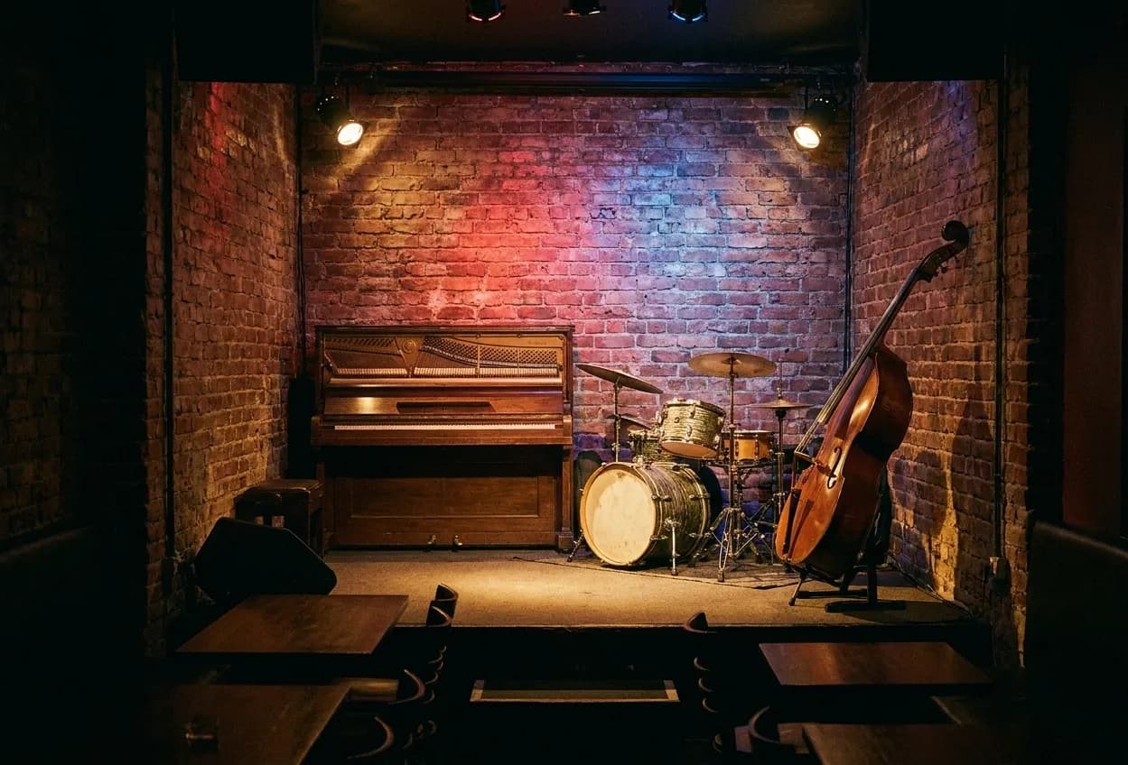 A tiny club corner with an upright piano against brick, a crowded drum kit and a double bass on its stand under two warm spotlights