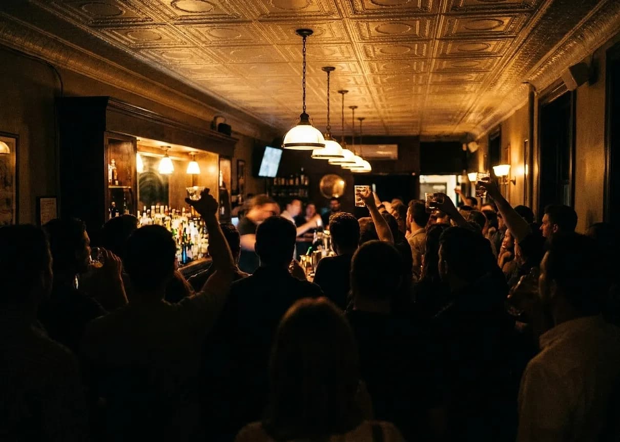 A packed small bar room seen from the back, a silhouetted crowd facing a low-lit far end under pendant lamps and a pressed-tin ceiling