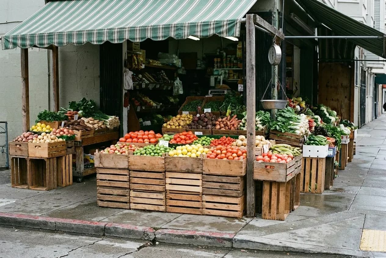 Stacked crates of vegetables and fruit under a striped awning on a San Francisco sidewalk, with a hanging scale and the shop's dim interior behind