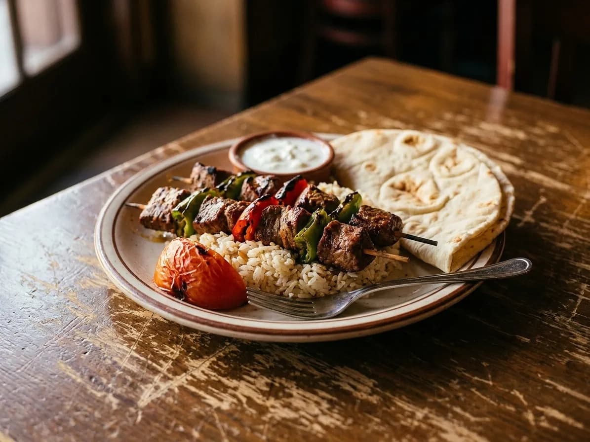 A plate of charred skewers and peppers over rice with grilled tomato, flatbread and a dish of yoghurt on a scarred wooden table