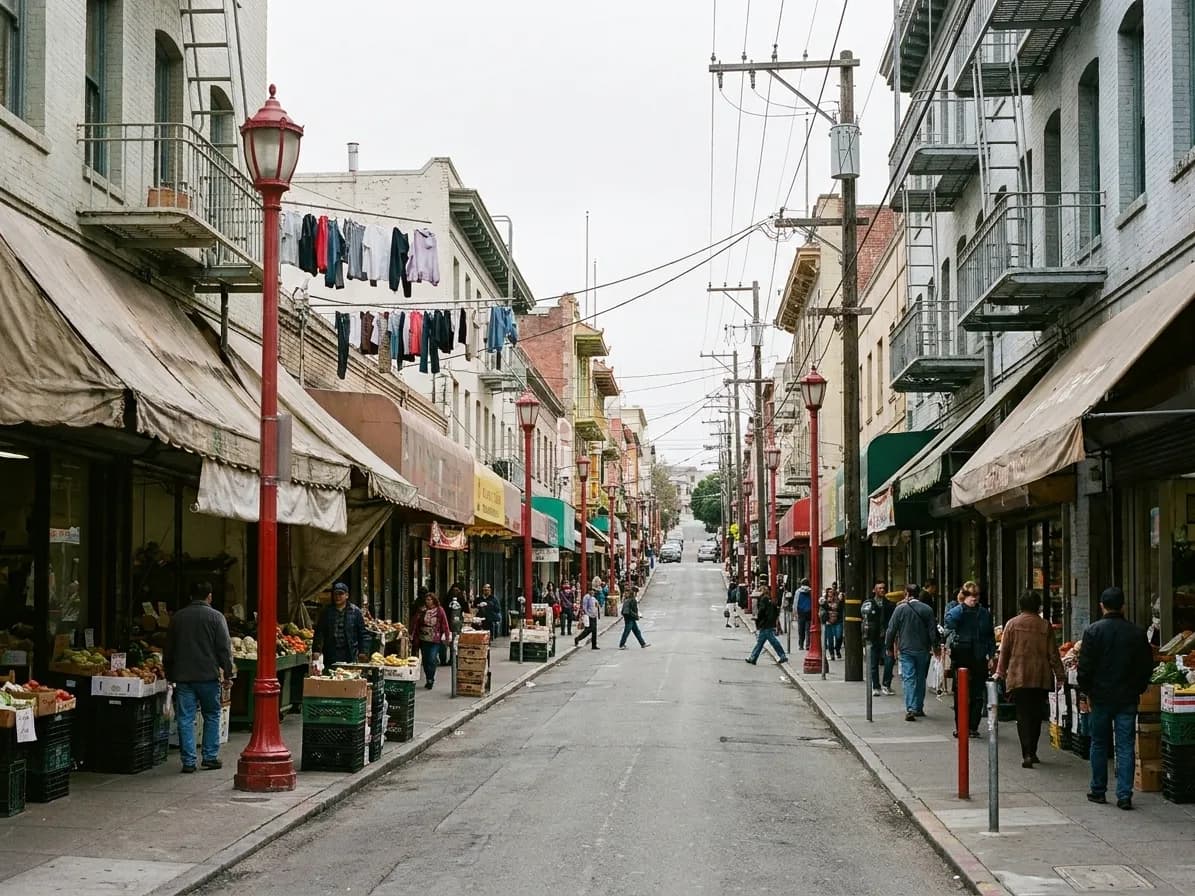 A narrow sloping San Francisco street of packed shopfronts with produce crates on the pavement and fire escapes above