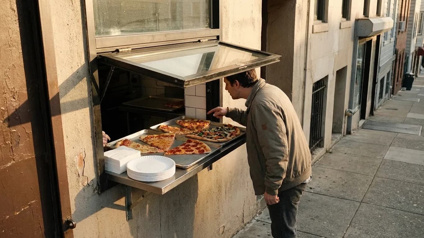 A pizza window opening onto a sidewalk with a warming shelf of slices and a person leaning in to order