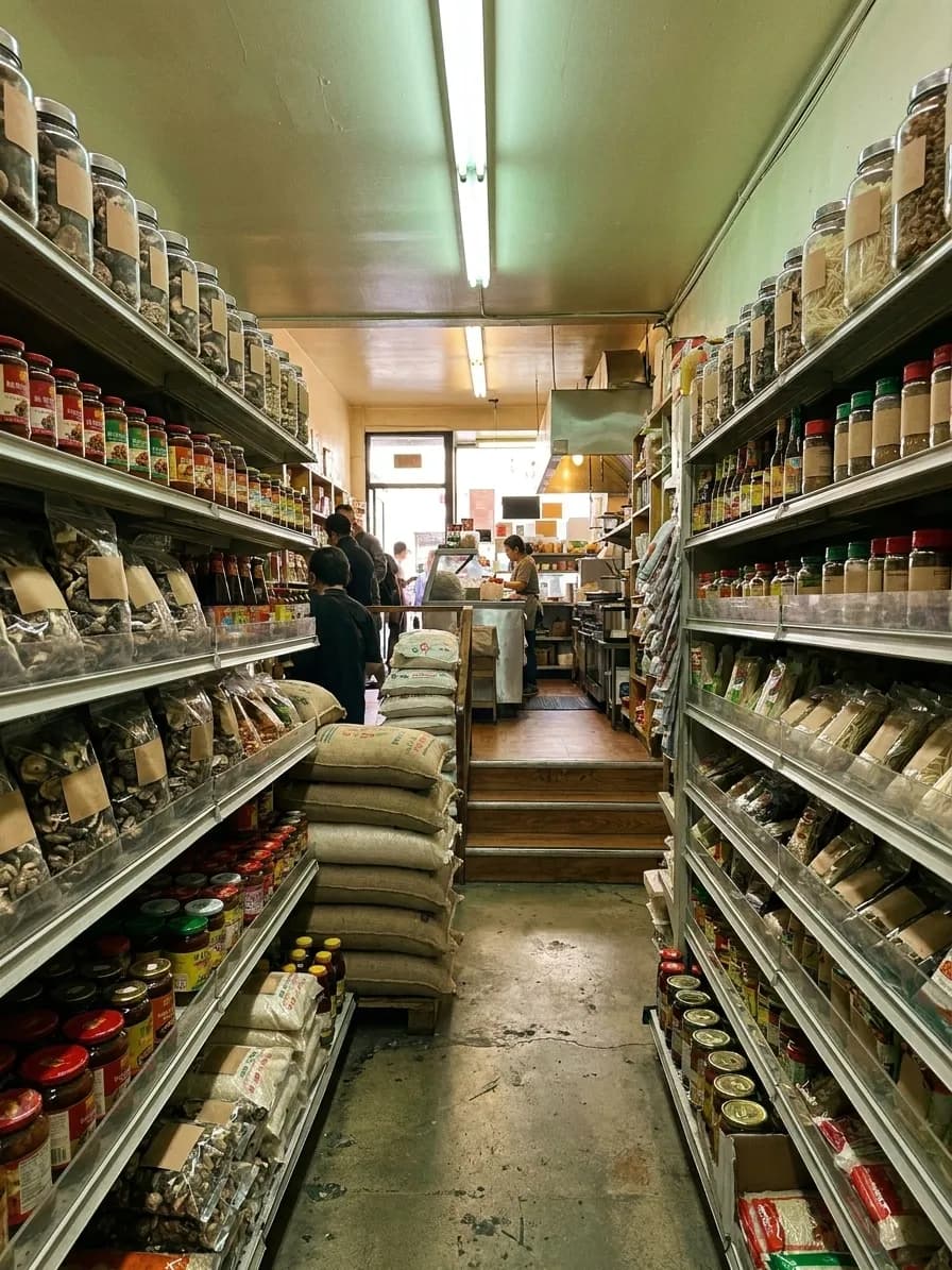 The inside of a narrow Chinatown grocery in San Francisco, shelves to the ceiling of jars and dried goods with sacks of rice stacked in the aisle under fluorescent light