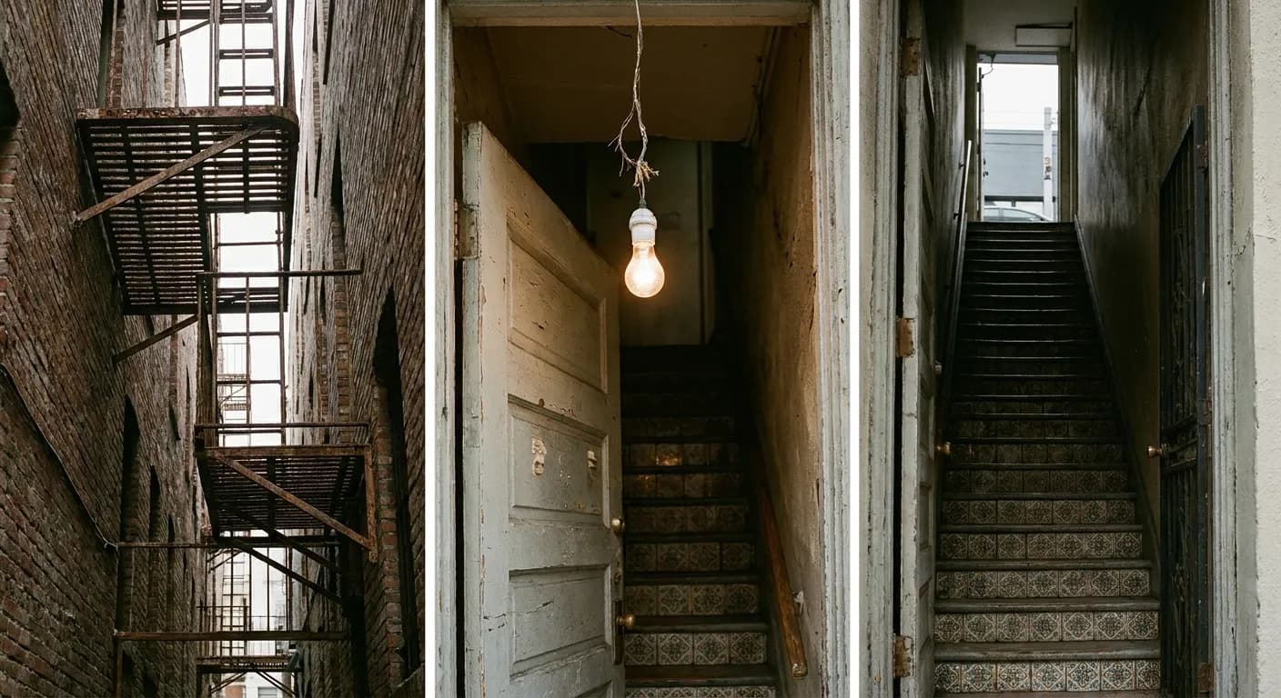 A painted Chinatown doorway at the foot of a steep interior stair with tiled risers, a hanging bulb and fire-escape ironwork on the wall