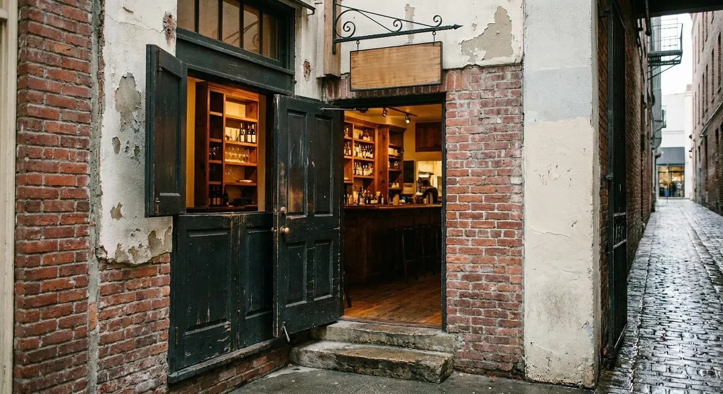 The open dark timber door of a small San Francisco wine bar on a narrow street, warm light inside and a wrought-iron bracket above
