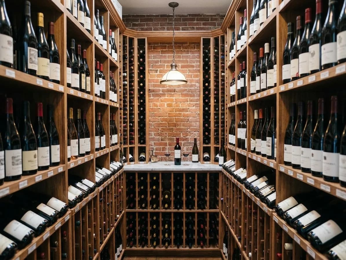 A narrow San Francisco wine shop with tall timber racks either side of one aisle and a small marble tasting ledge lit at the back